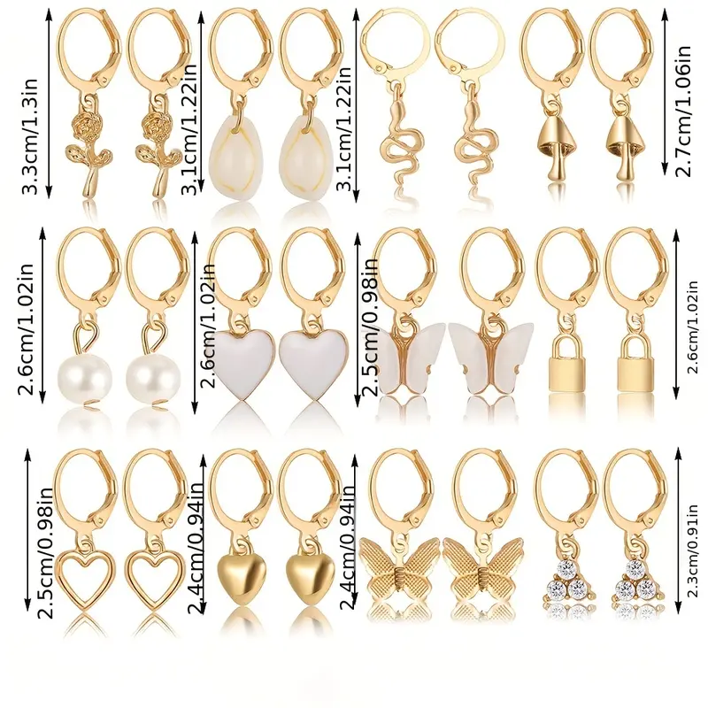 12 Pairs/ Set Heart Mushroom Lock Shell Faux Pearl Shiny Rhinestone Pendant Dangle Earrings Set Elegant Leisure Style Trendy Female Gift 2