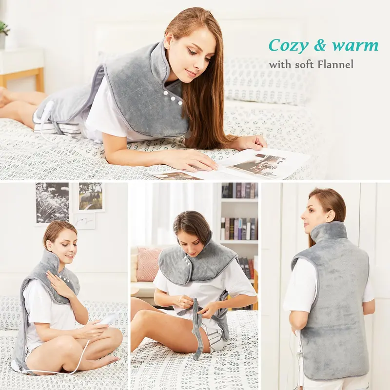 Electric Heating Pad for Back Pain Relief, Neck and Shoulders (60x100cm) Fast-Heat Heated Warmer with Waist Strap, 6 Heat Levels, Auto-Off Timer, Mia&Coco - Comfort Grey 2