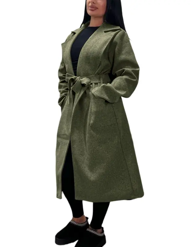 Womens Casual Long Sleeve Lapel Collar 2 Front Pockets Tie Up Long Coat Ladies Outdoor Winter Warm Belted Waist Trench Duster Long Coat Jacket 7