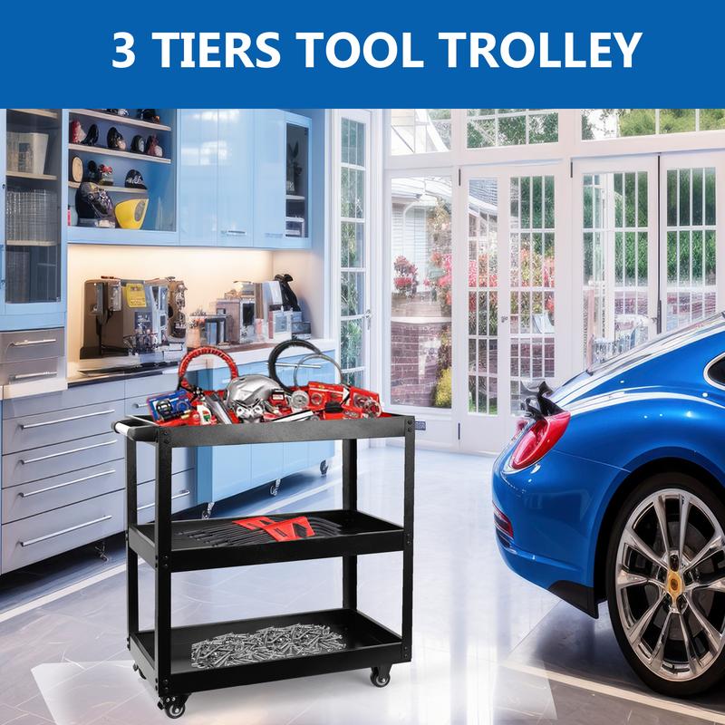 Crystals Heavy Duty Tool Trolley with 3-Tier Wheel Cart for Garage and Workshop Storage, DIY Red/Black 7