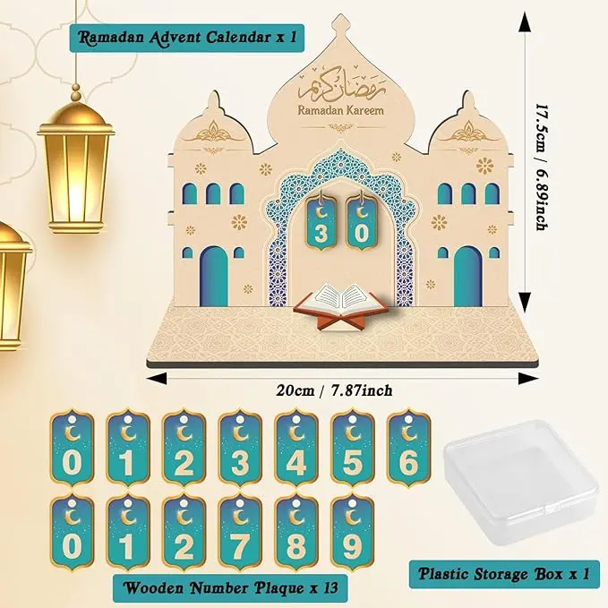 Ramadan Advent Calendar, Ramadan Countdown Calendar for Kids, Wooden Ramadan Calendar Ornaments Decorations for Home, 30 Day Islamic Advent Calendar Ramadan Eid Decorations 1