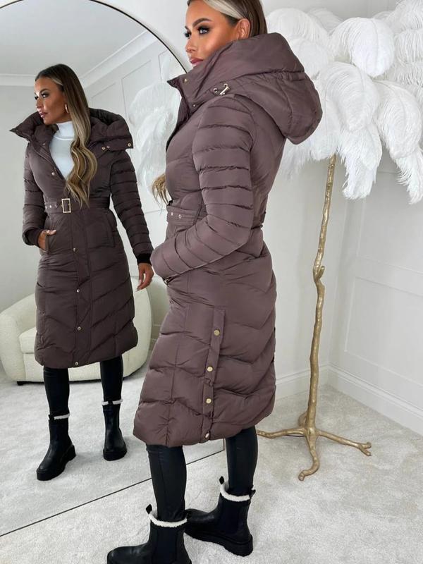 Women's Chevron Style Padded Belt Long Coat for Winter. classic Womenswear Casual Comfort plain modern spring puffer Chic Elegant 2