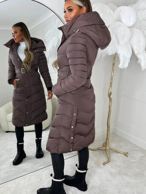 Women's Chevron Style Padded Belt Long Coat for Winter. classic Womenswear Casual Comfort plain modern spring puffer Chic Elegant 2