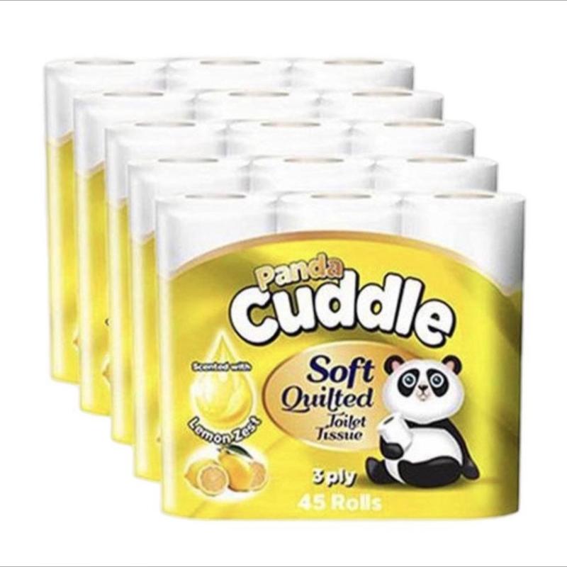 90 Panda Cuddle Lemon 3 Ply 160 Sheets Toilet Tissue Rolls - Pack of 90 - Wipes 0