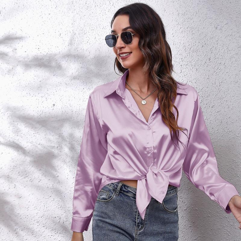 Product Introduction of Women's Satin Satin Imitation Silk Long Sleeved Shirt Elegant V-neck Retro Style Multicolor Shirt Top-Looki Ngi 15