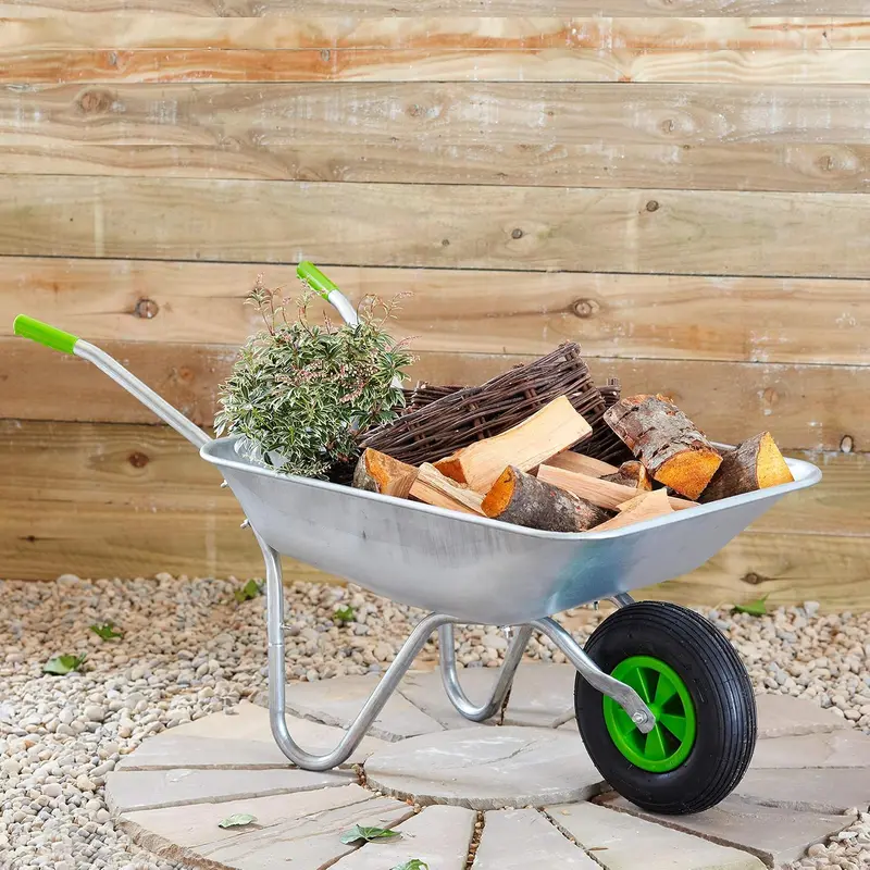 Wheelbarrow Home Garden Cart Galvanised with Pneumatic Tyre (65L), Silver 2