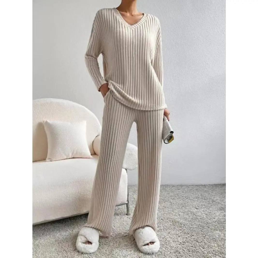 【2025】Women's Solid Drop Shoulder Pocket Lounge Set, Casual Long Sleeve V Neck Top & Straight Leg Pants Two-piece Set, Women's Sleepwear for Spring & Fall, Modest Wear Loungewear Pajama