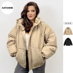 KatchMe Women's Trendy Solid Color Stand Collar Hooded Zip-Up Loose Cotton Coat,Casual Comfort Outerwear for Women,Fall & Winter Pocket Puffer Coats