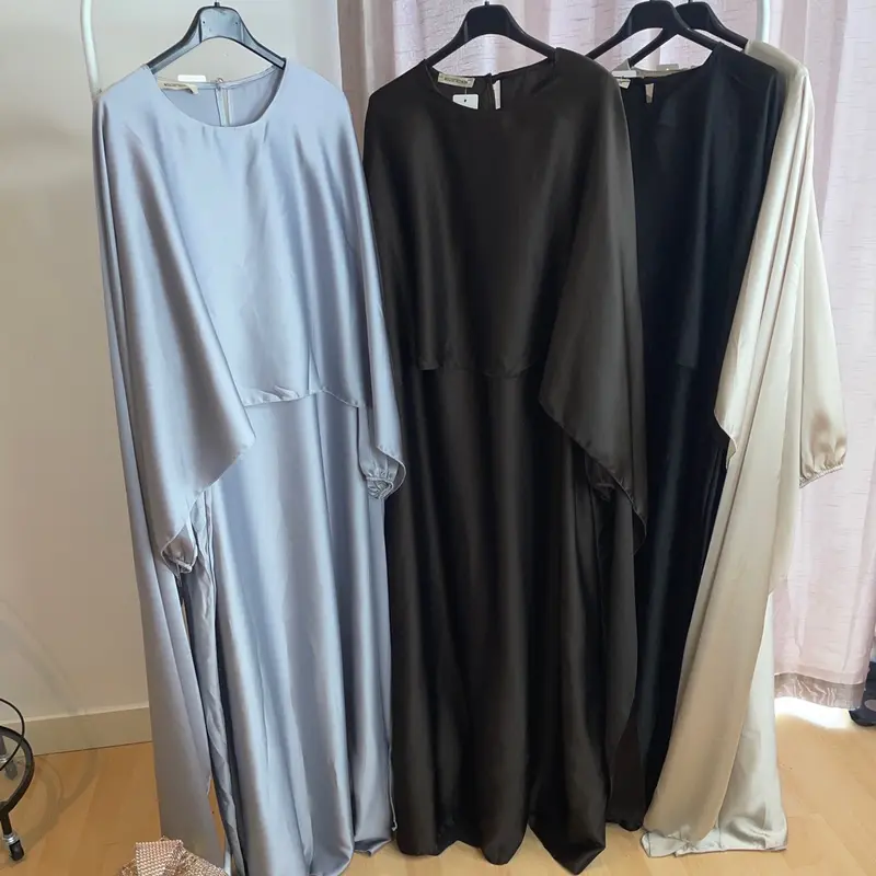 Cape Satin Dress Long Sleeve Plain Round Neck Classy 4