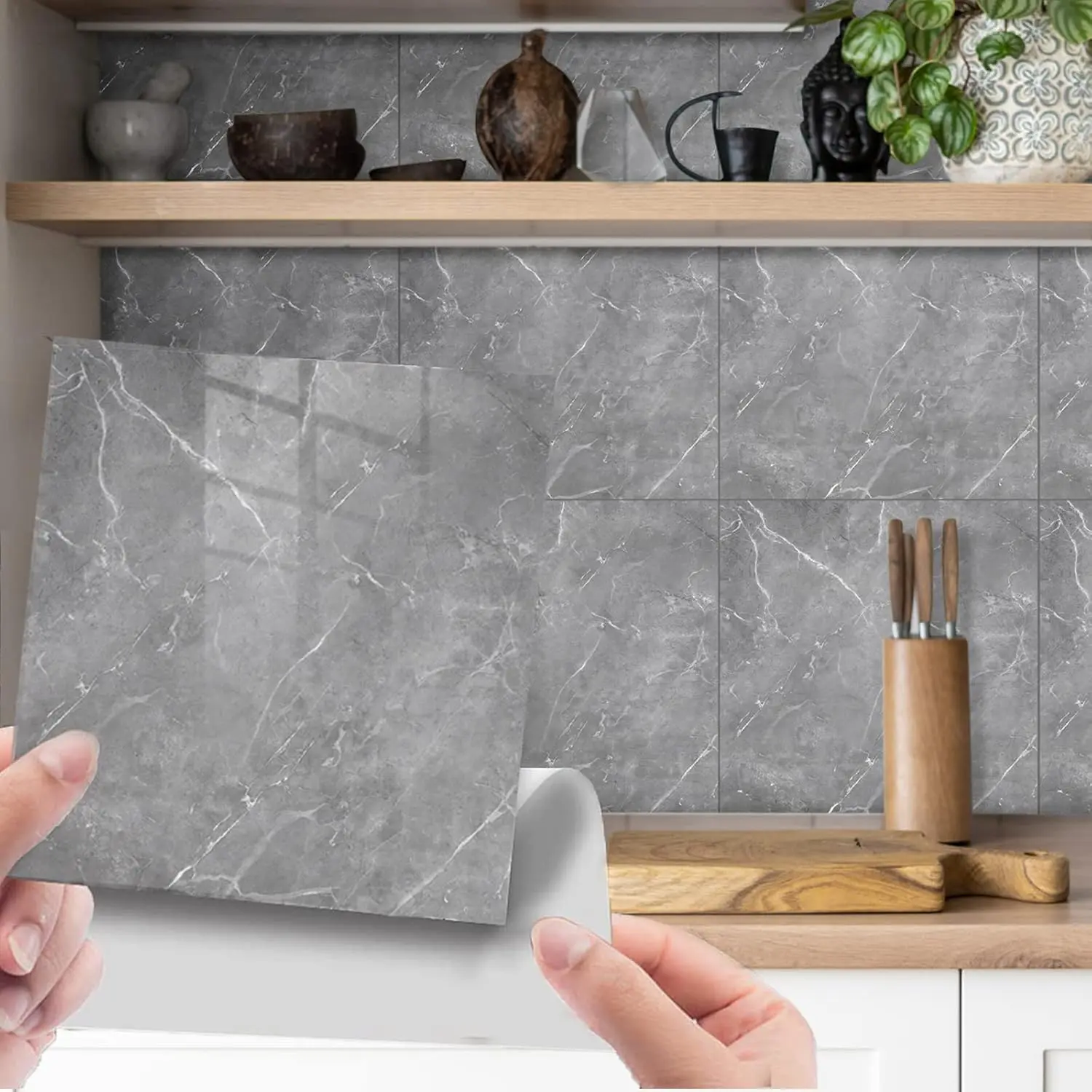 Marble Stick on Tiles 30 x 30cm 10Pcs White Tile Stickers Self Adhesive Wall Tiles PET Peel and Stick Wall Glossy Wall Stickers for Kitchen Bathroom