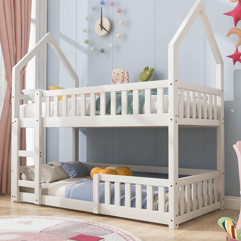 BTM Luxury UK New Bunk Bed Twin Sleeper Bed with Ladder, Solid Wood Frame 3FT Single bed, Gaming Bed, Castle-shaped Bed 90 x 190 cm Children's Bed room Furniture, Wooden Bed Frame for Kids Children 4