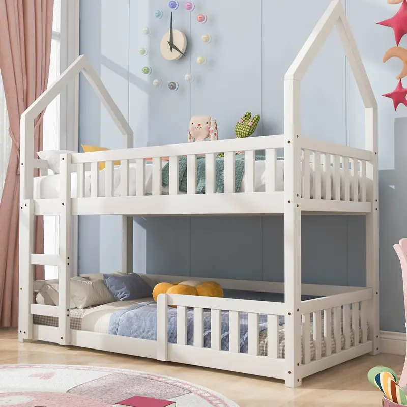 BTM Luxury UK New Bunk Bed Twin Sleeper Bed with Ladder, Solid Wood Frame 3FT Single bed, Gaming Bed, Castle-shaped Bed 90 x 190 cm Children's Bed room Furniture, Wooden Bed Frame for Kids Children 4