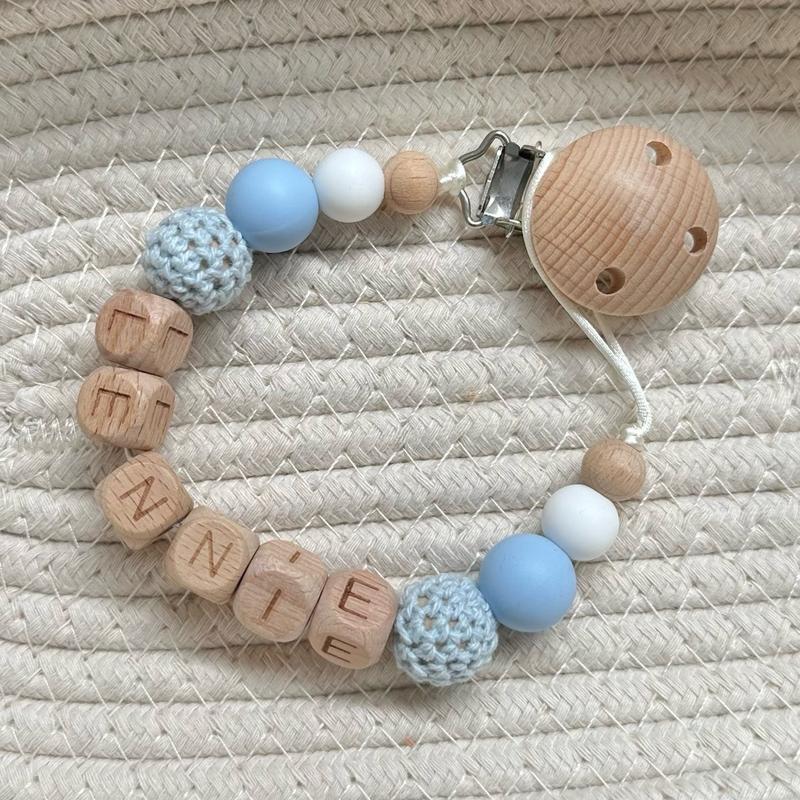 Personalised dummy clip baby boy - silicone and wooden beaded - Crochet bead - baby blue white and beige 2