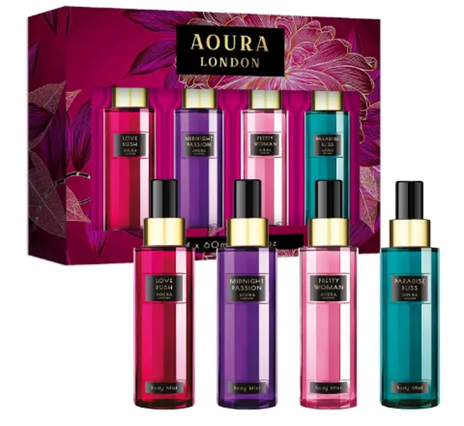 LONDON Collection Set Womens Body Mist Gift Set, with Midnight Passion, Love Rush, Pretty Woman, & Paradise Bliss, Fragrance Spray Set (4x60ml)