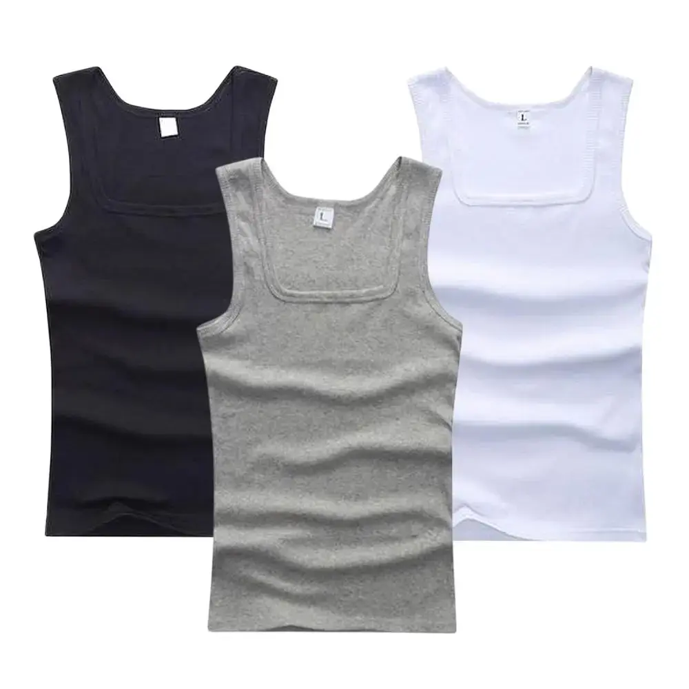 Square Neck Muscle Fit Ribbed Tank Top Men Clothing Singlets Basic Elastic Tank Tops Sleeveless Fitness Men Vest