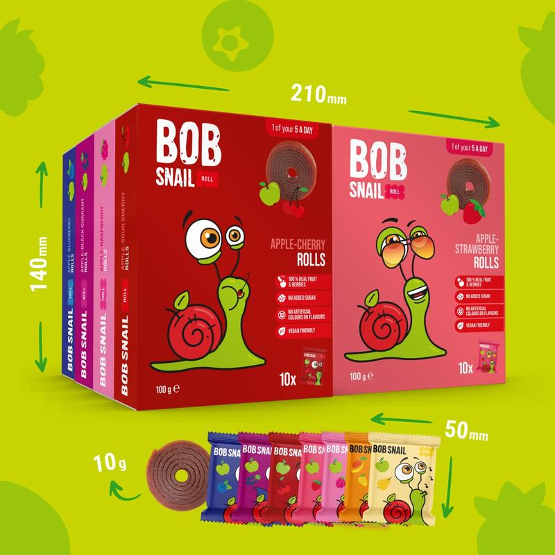 Bob Snail 80pcs, 800g - Fruit Rolls Mix with Mango, Pear, Cherry, Raspberry, Strawberry, Blueberry & Blackcurrant - No Added Sugar Snack Candy 3