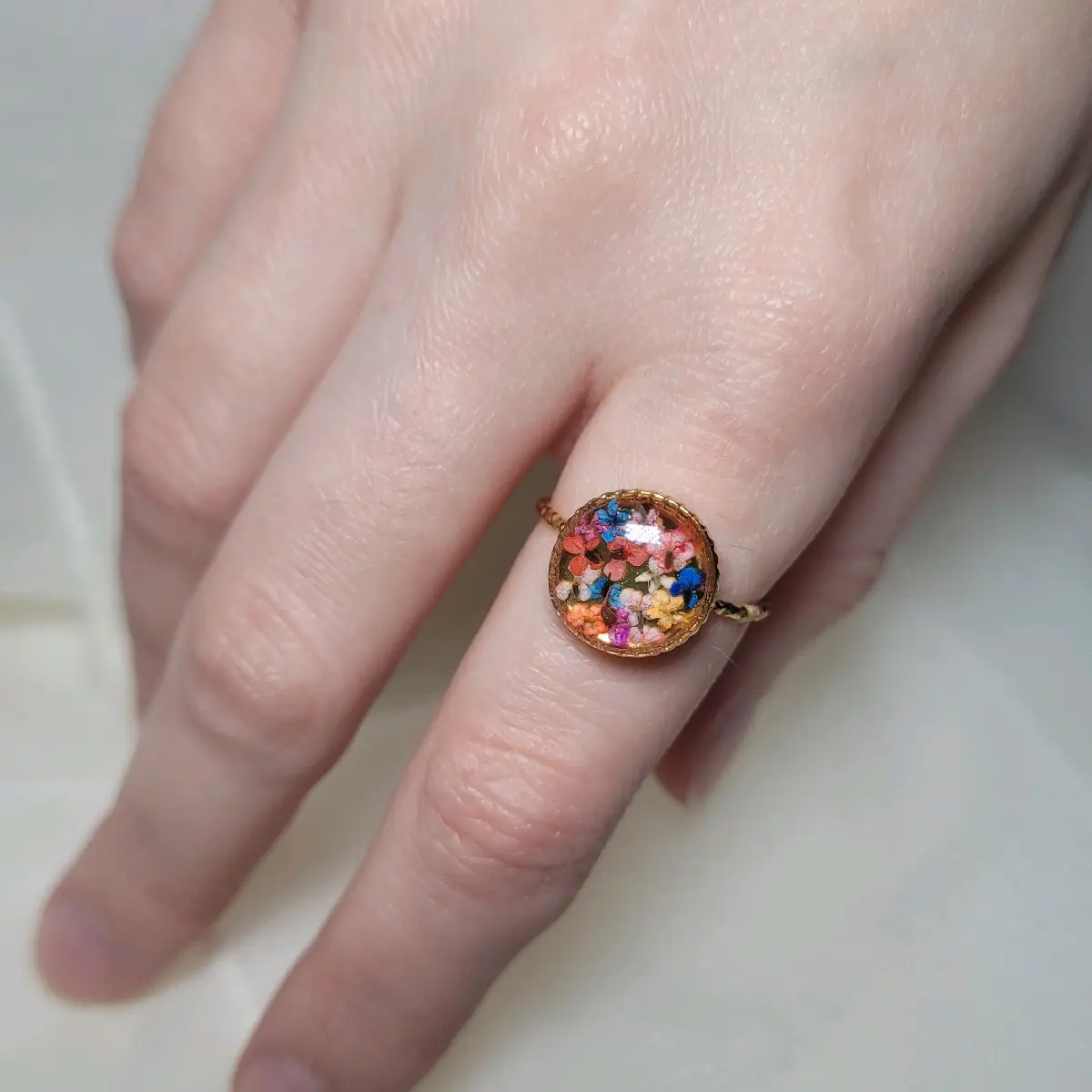 Multi-Coloured Confetti Flower Adjustable Ring for Women