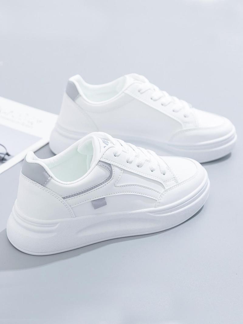 Product Introduction of Women's Fashion Plain Lace Up Front Low Top Skate Shoes, Casual Lightweight Breathable Comfortable Patched Design Sports Shoes, White Sneakers for Daily Wear Running Runner Training Trainer Walking Shoes Closed Athletic Footwear 14