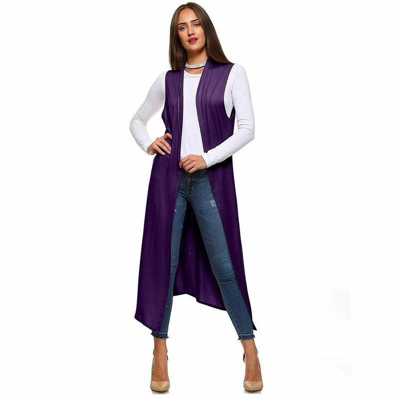 Womens Ladies Sleeveless Maxi Long Length Boyfriend Cardigan Collared Top Long Duster Jacket Coat Ladies Blazer Waistcoat Casual Light Womenswear Garment Party Soft Stretchy 5