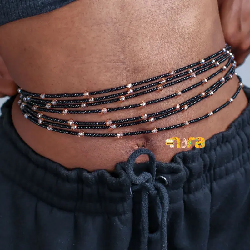Black Waist Beads with Gold Crystals - Amina, Tie-On - 30 to 60 Inches 4