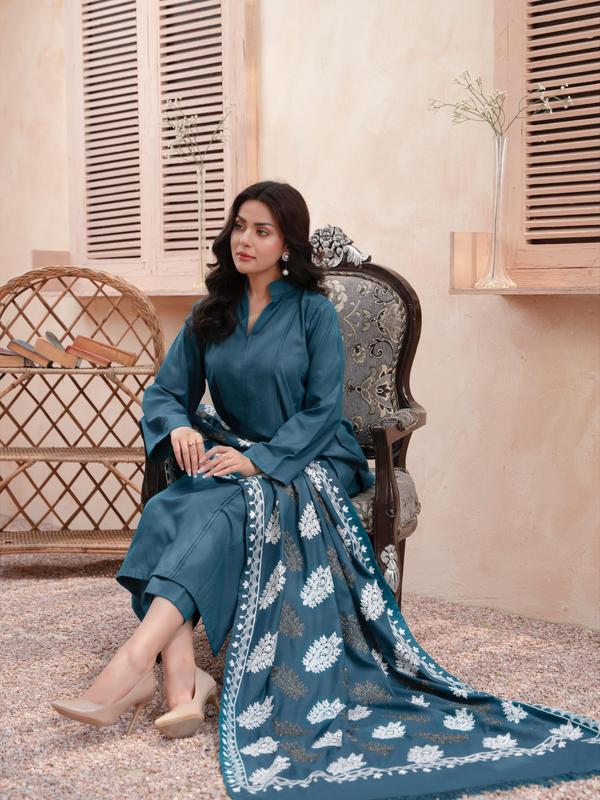 Eyanas -  Dhanak teal plain suit with embroidered shawls 3pc readymade 2