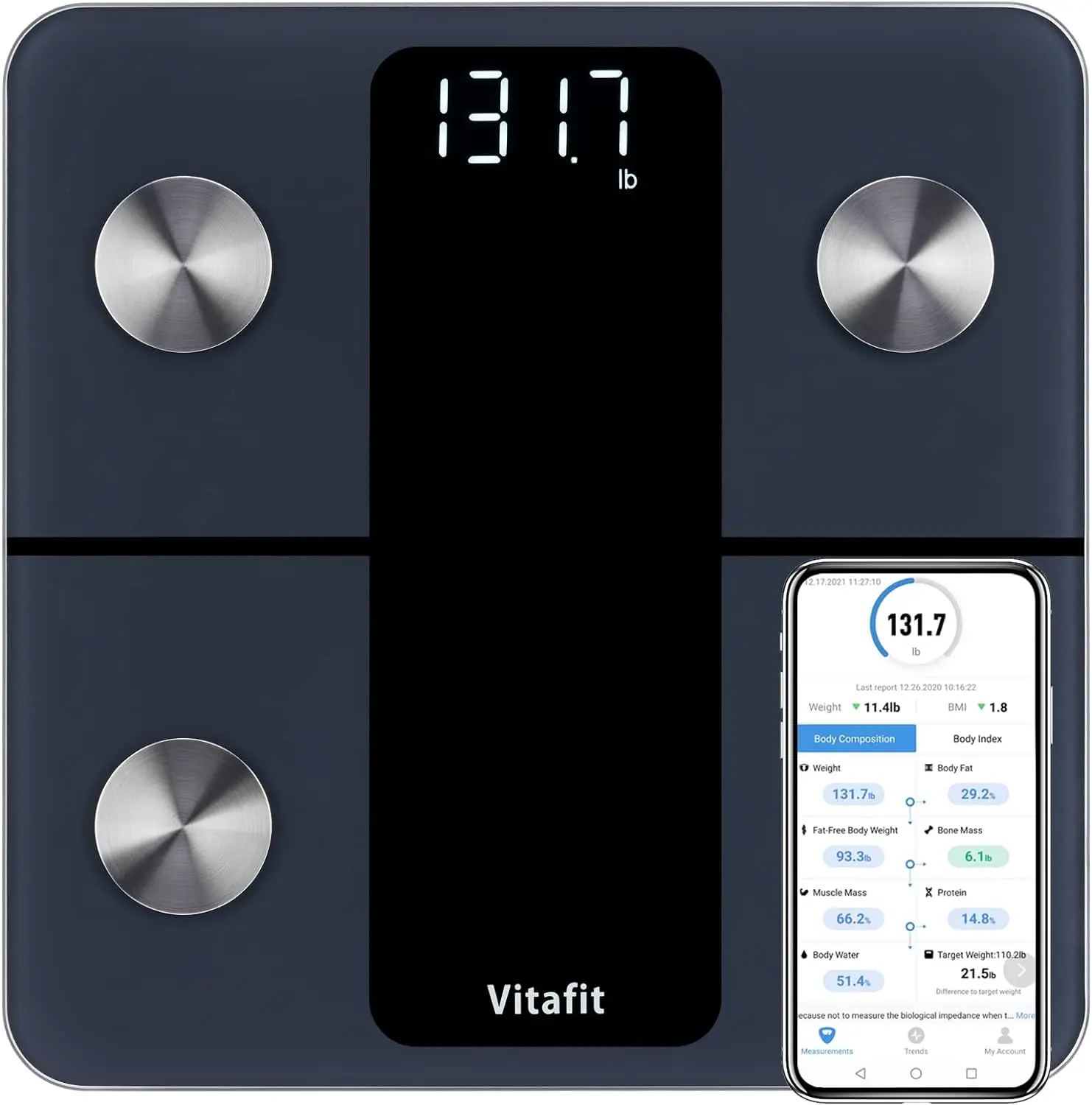 Vitafit Smart Bathroom Scales for Body Weight, High Accuracy Assured by Weighing Scales Professional Factory SINCE 2001, App Sync 13 Body Composition including BMI, Body Fat and Muscle, 28st, Black