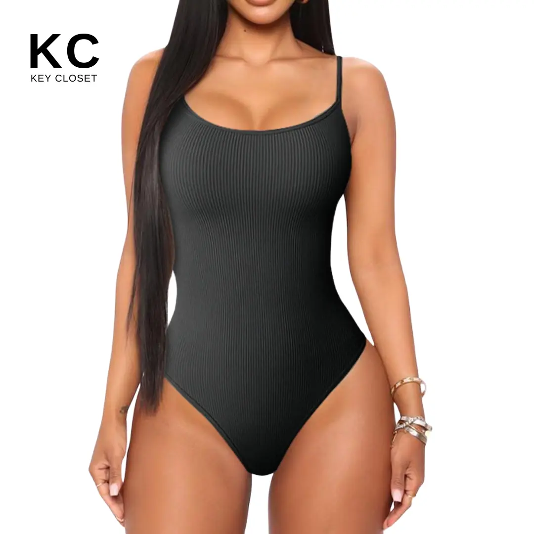 Key Closet Pack of 2 Ribbed Smoothing Bodysuits with Adjustable Shoulder Spaghetti Strap Womenswear Tops Underwear Lady