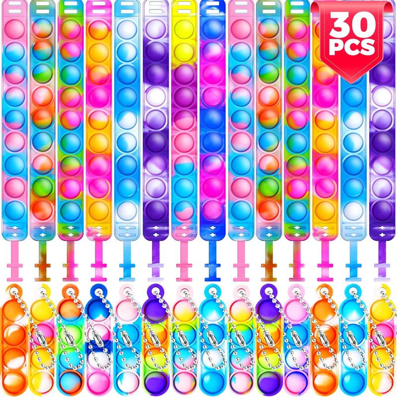 30 Pcs Fidget Toys Pack Party Bag Fillers, 15 x Pop Bracelet It & 15 x Poppet Keyring, Pinata Christmas Eve Box Stocking Fillers Kids Hen Party Favours Xmas Gifts Sensory Toys for Girls Boys 0