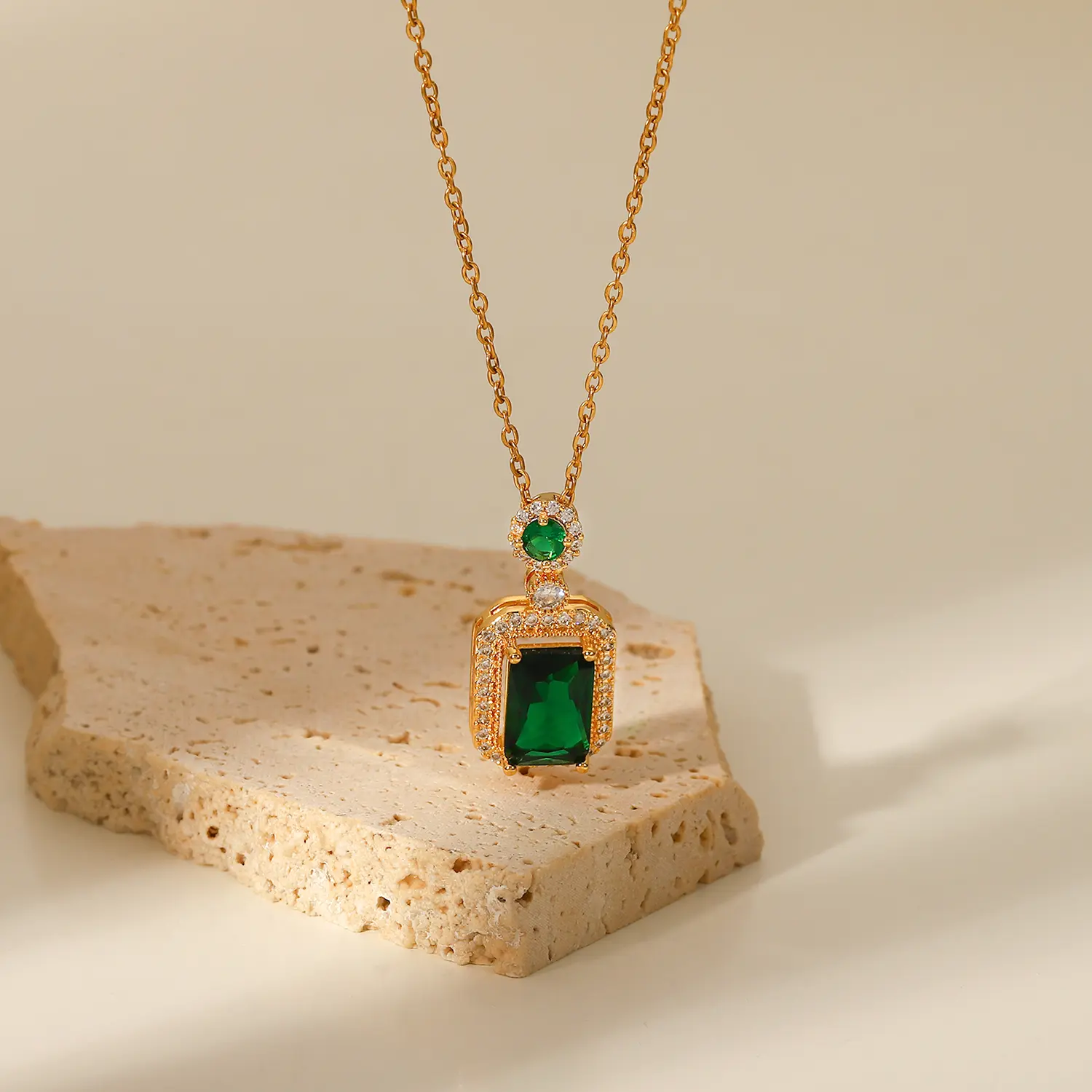 Esmeralda Gold Emerald Zircon Pendant Necklace Stainless Steel Non Tarnish