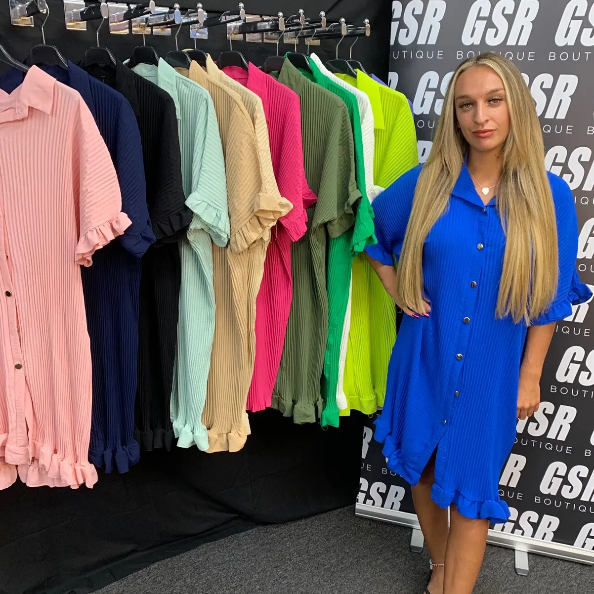 GSR Boutique Sadie Viral Pleated Long Style Dress with Gold Buttons - Comfortable and Stylish
