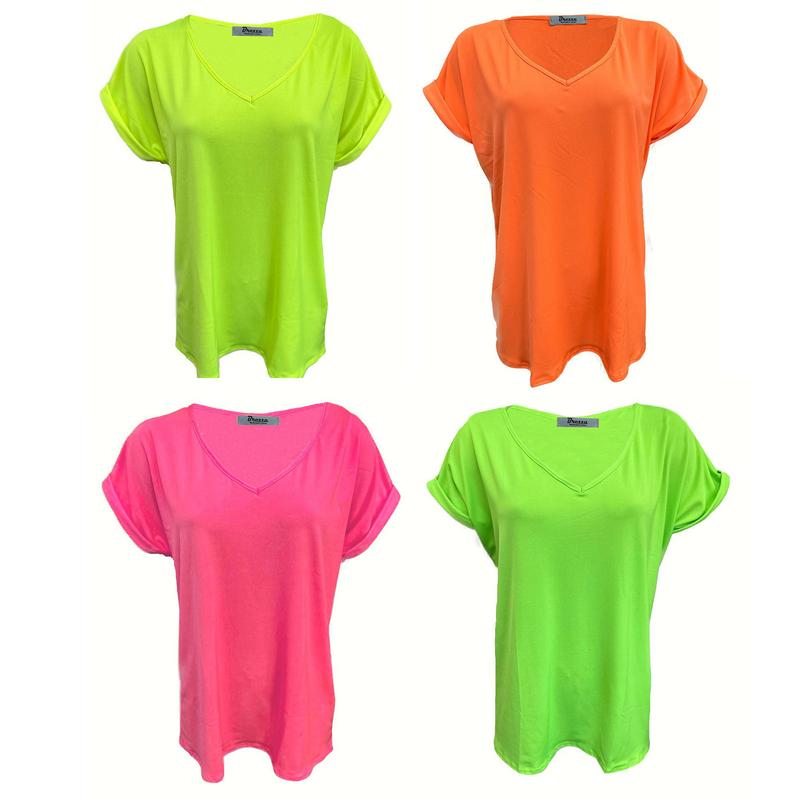 Product Introduction of Womens Neon Short Turn Up Sleeve Baggy Plain Top Ladies V-Neck T-Shirt Loose Fit Top 0