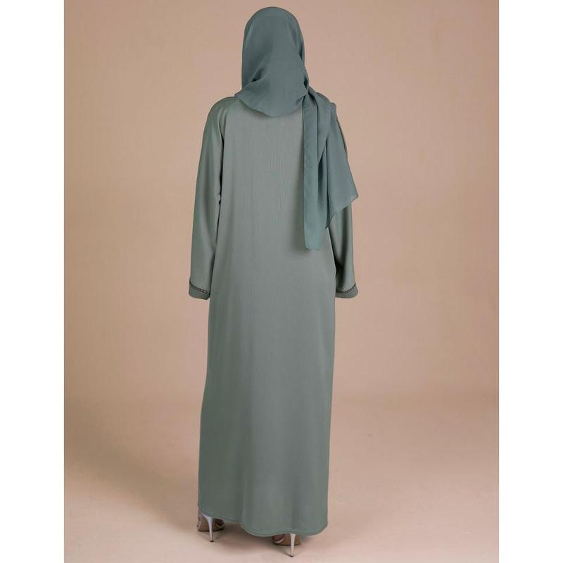 Mint Green Closed Abaya with Silver Sleeve Detail 1