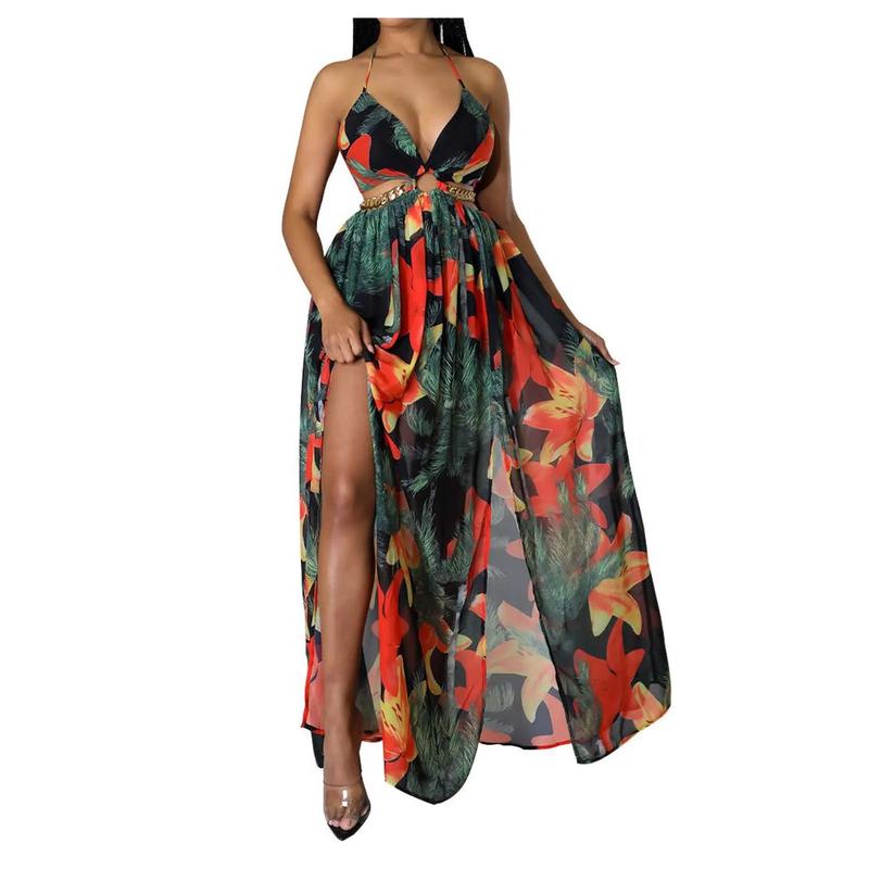 Product Introduction of Floral Print Maxi Dress For Women Stylish French Halterneck Summer Dress Mid Length Camisole Dress Elegant High Split Dress 59