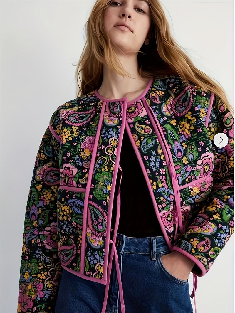 Product Introduction of Women's Vintage Floral Print Quilted Jacket - Polyester, Crew Neck, Vacation Style, All Season, Pocket Detail, Woven Lightweight Outerwear 1