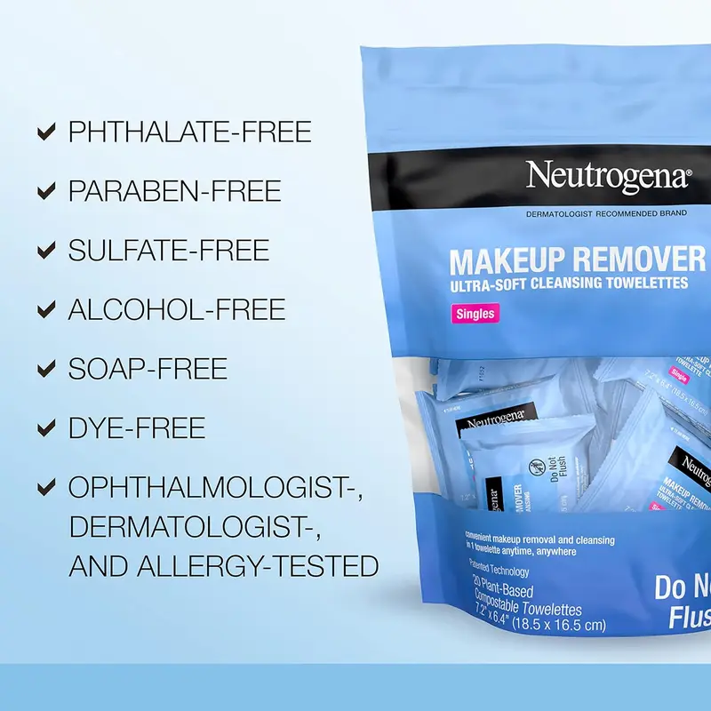 Makeup Remover Cleansing Towelette Singles, Daily Face Wipes To Remove Dirt, Oil, Makeup & Waterproof Mascara, Individually Wrapped, 20 Count 5