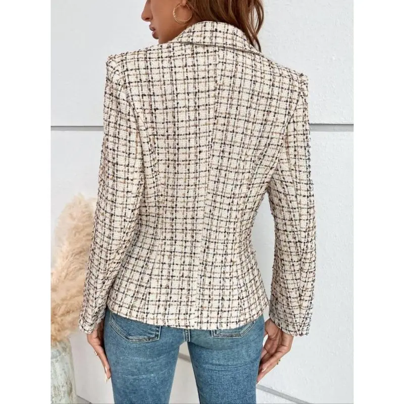 Women's Plaid Print Double Button Lapel Blazer, Casual Long Sleeve Outerwear for Fall & Winter, Ladies Clothes for Work Office Business 1