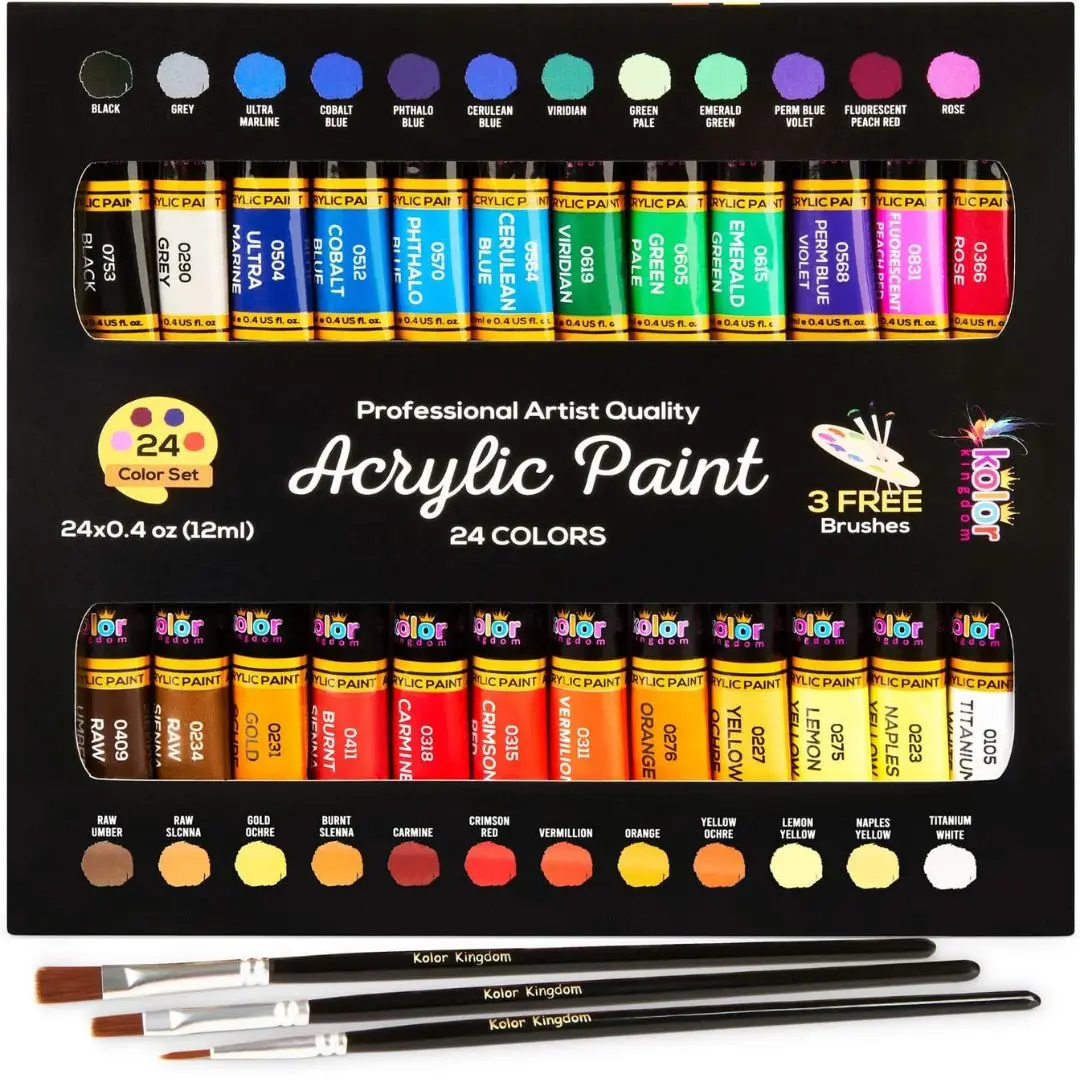 Acrylic Paint Set 24 Colours Canvas Paint Kit with 3 Paint Brushes for Crafts,Kids Paints, Paper, Rock Painting, Wood,Ceramic & Fabric Vibrant Colors (24 X 12ML)