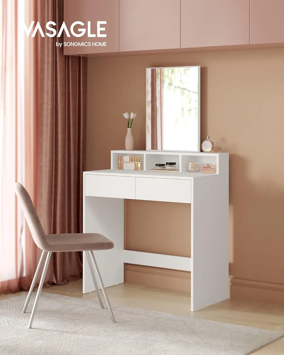 VASAGLE Dressing Table with Rectangular Mirror, Vanity Table with 2 Drawers and 3 Open Compartments, 40D x 80W x 140H, Vanity Table, Modern Style Furniture