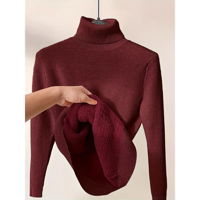 Solid Turtle Neck Pullover Sweater, Casual Long Sleeve Thermal Sweater For Fall & Winter, Women's Clothing 3