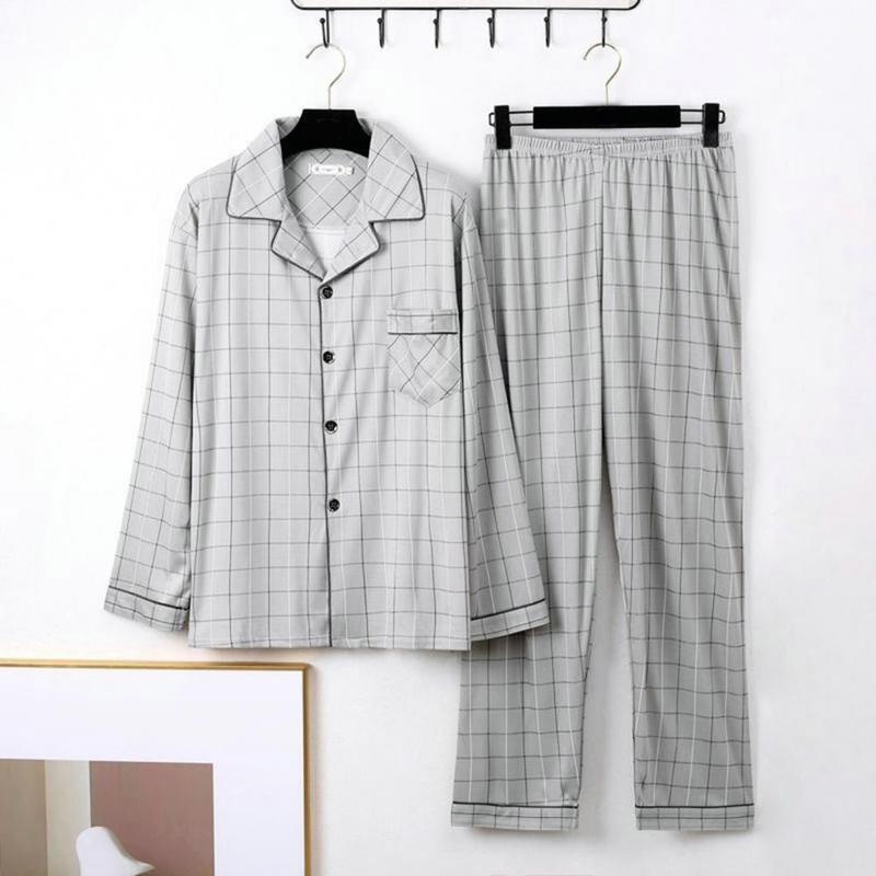 2 Pcs/Set Men Spring Pajamas Set Men Homewear Shirt Pants Set Striped Plaid Print Lapel Single-breasted Long Sleeve Wide Leg 2