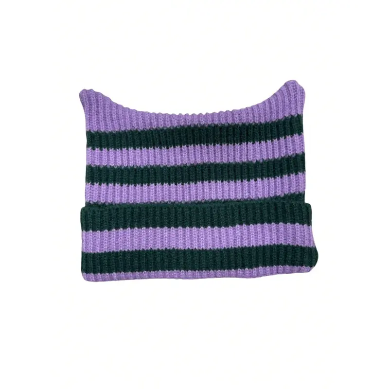 E&I     New Handmade Striped Knit Beanie with Devil and Cute Cat Ear Design for Women, a Couple - Style Casual Warm Cap Perfect for School 5