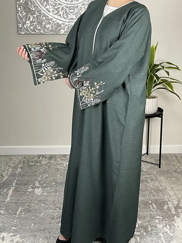 Forest Green Open Linen Abaya with Embroidered Sleeves 2