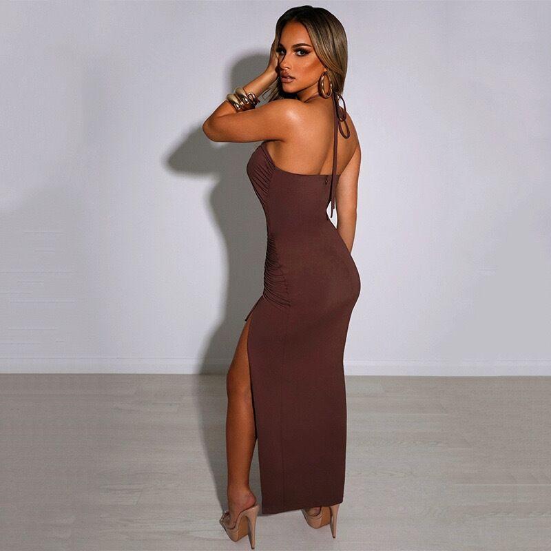 Product Introduction of 2025 hot selling style Women's plain Criss Cross Drawstring Ruched Split Thigh Bodycon Dress, Summer Dresses ,Backless Cut Out Halter Long Dress, Party Nightclub Clothes, Birthday Dress ,Sun Dresses ,Maxi Dress Fit  Stretchy 13