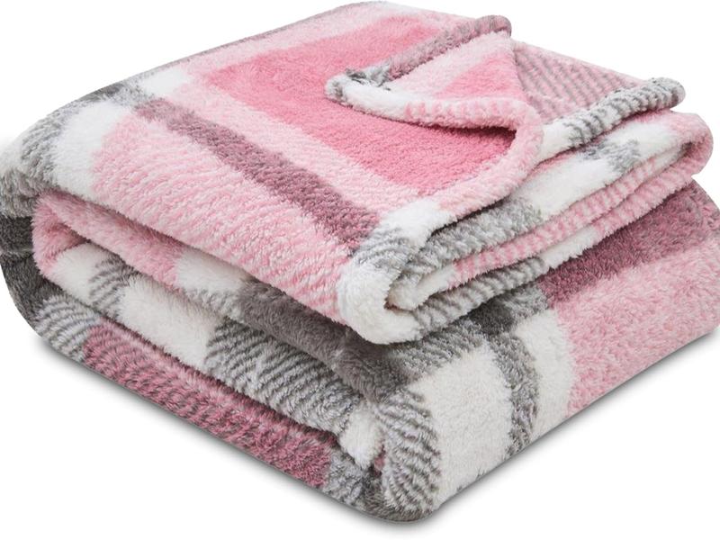 Fluffy Check Throw 130 x 180cm Extra Large Teddy Fleece Sofa Set Bed Blanket Christmas Throw Soft & Cozy Thermal Warm Checkered Travel Throws Blush Pink Green Charcoal Rust 4 Elegant Colors 2