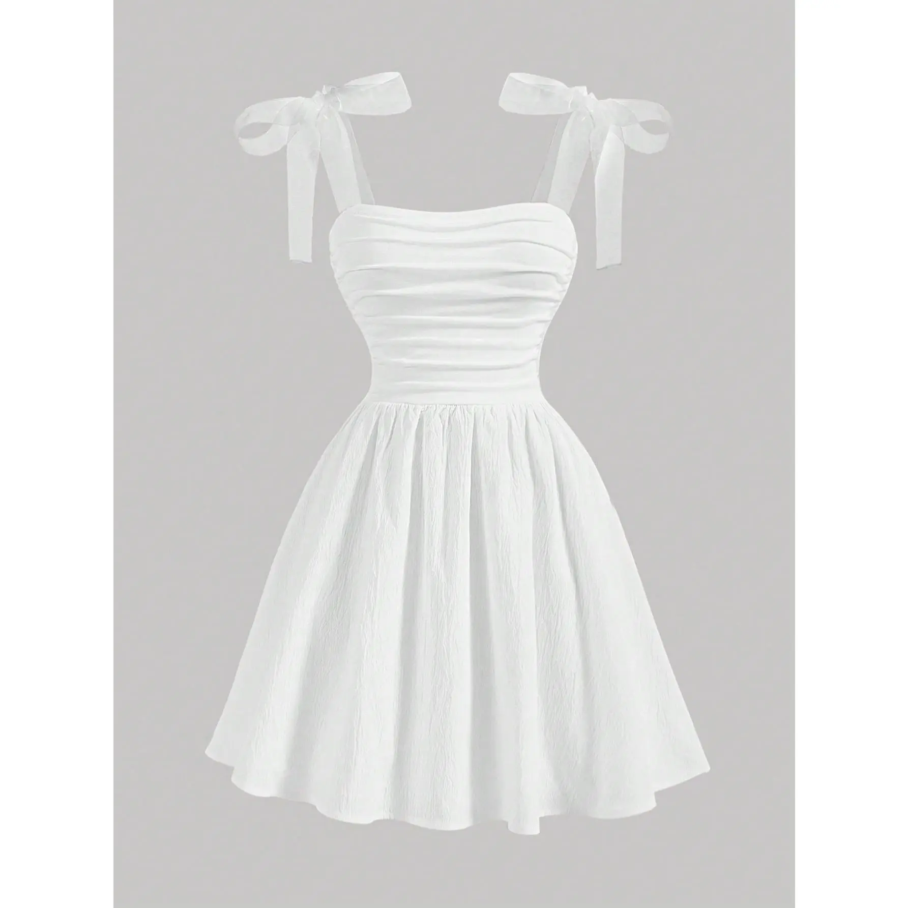 Tween Girls Fitted Casual Simple Comfortable White Mesh Straps Ruched Summer Dress