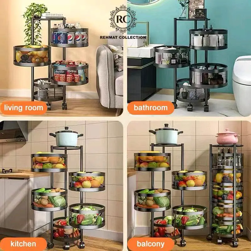 Mobile Kitchen Storage Trolley Cart Vegetable & Fruit Basket Rack Organizer Multi-Purpose Household for Vegetables, Fruits, in Black & White Storage Cart Standing Wheel Shelf Garage