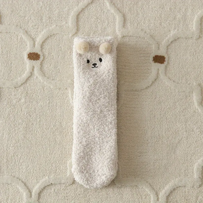 1/3/6 Pairs 3D Cute Bear Socks, Warm Coral Fleece Floor Slipper Socks For Fall & Winer, Women's Stockings & Hosiery 6