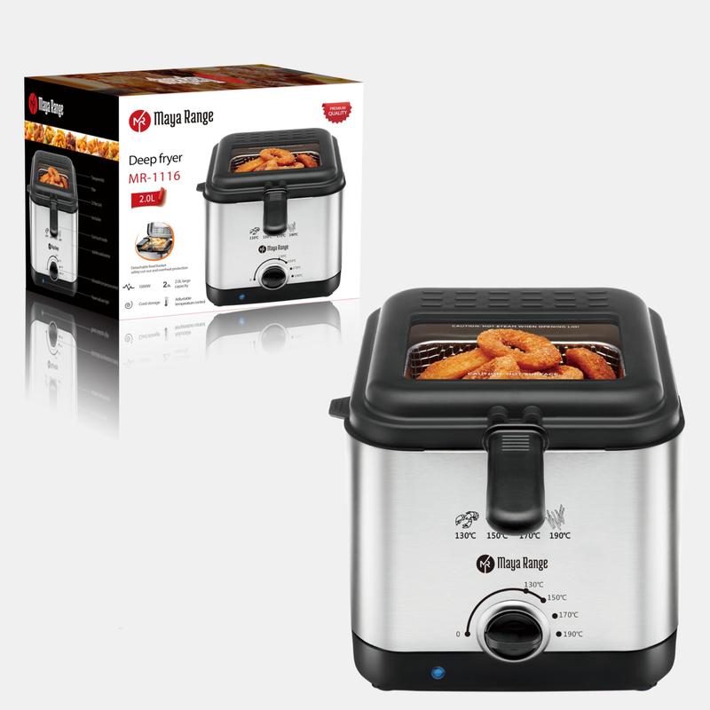 Maya Range Compact Deep Fryer, 2.5L Capacity, Stainless Steel, Temperature Control, Removable Basket, Cool touch Lid 1000W 1