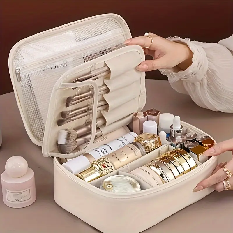 Multi-Layer Large Capacity Detachable Cosmetic Bag, Faux Leather Travel Makeup Organizer, with Brush Holder, Universal Portable Beauty Essentials Storage Pouch, for Men and Women, Alcohol-Free