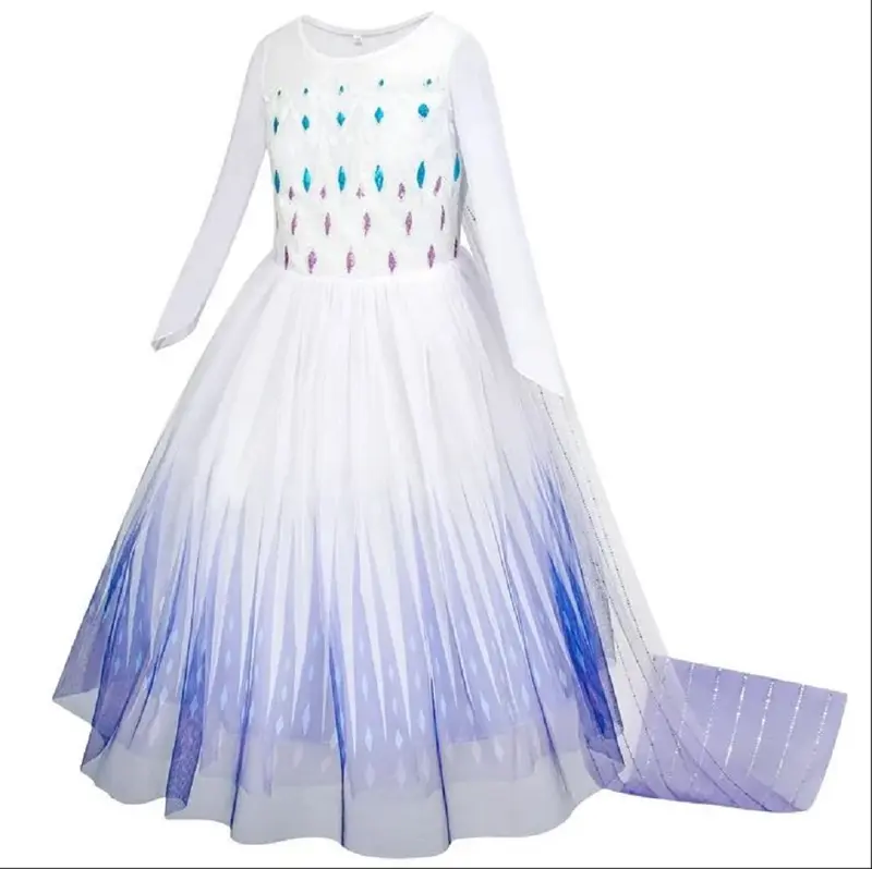 Princess Elsa 2 Dress Set Girl Party Costume Fancy Outfit Crown Wand Necklace Glove WHITE  kids Cosplay Halloween costumes Christmas Gift 1